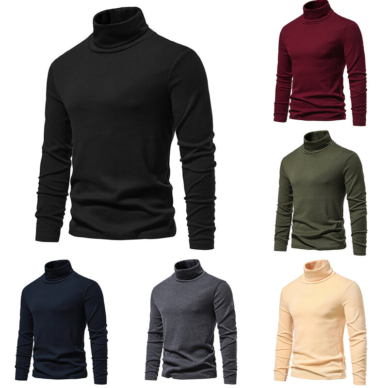 Men Turtleneck Sweater Jumper Knitted Winter Pullover Top Long Sleeve Shirt Solid Fleece Stretch T-shirts Thermal Underwear