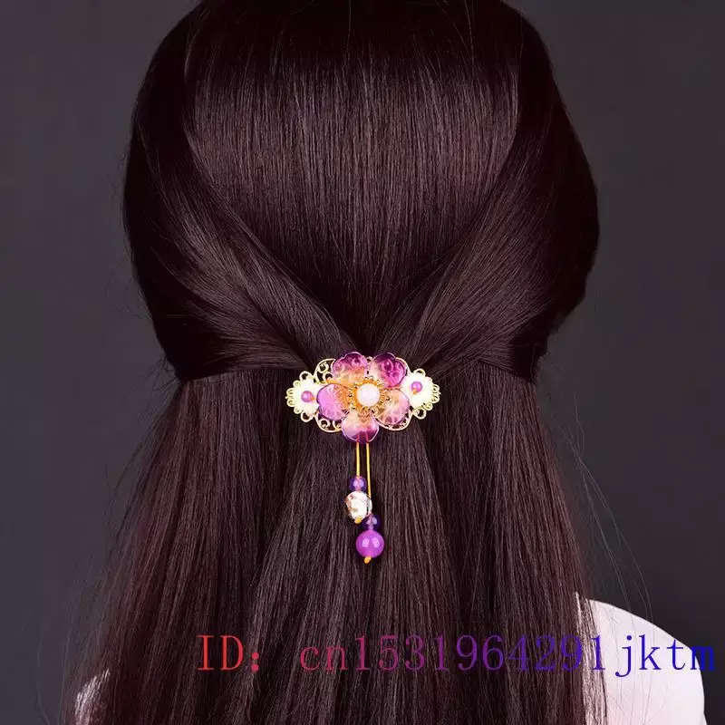 Purple Jade Flower Barrette Gifts for Women Hairpin Amulet Stone Jewelry 925 Silver Natural Accessories Gemstone Hair Clip