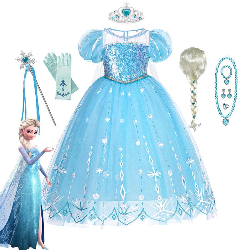 ดิสนีย์แช่แข็งชุดเจ้าหญิง2ชุดสาวปาร์ตี้คอสเพลย์ Elsa Sequin เครื่องแต่งกาย Snow Queen วันเกิด Carnival ชุดเด็กเสื้อผ้ากระเป๋า