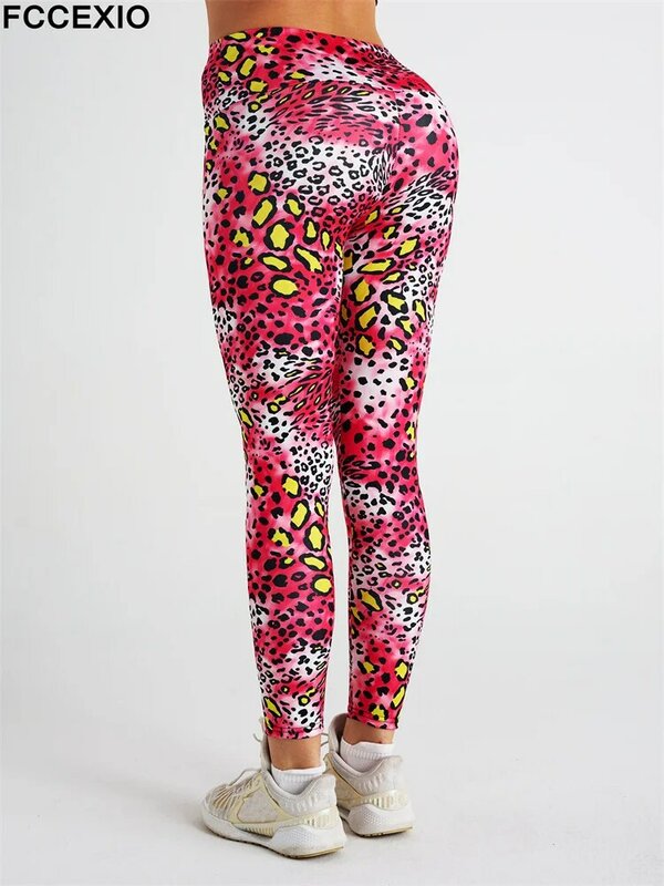 FCCEXIO розовые леопардовые женские брюки с 3D принтом, спортивные Леггинсы пуш-ап для бега, облегающие брюки, женские повседневные брюки