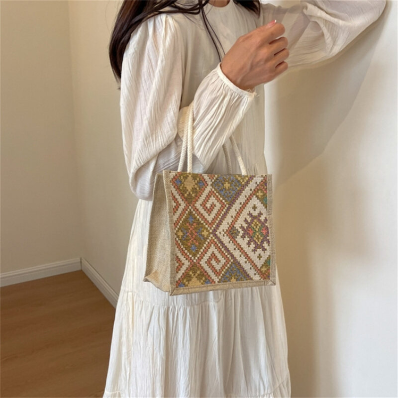 Bolsa de ombro de lona de grande capacidade para mulheres, sacolas casuais retrô, bolsas de mão estilo étnico, bolsa estudantil japonesa