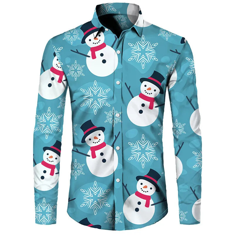 Camisa de manga larga con estampado 3D de muñeco de nieve para hombre, camisa informal a la moda para fiesta de año nuevo, 2024