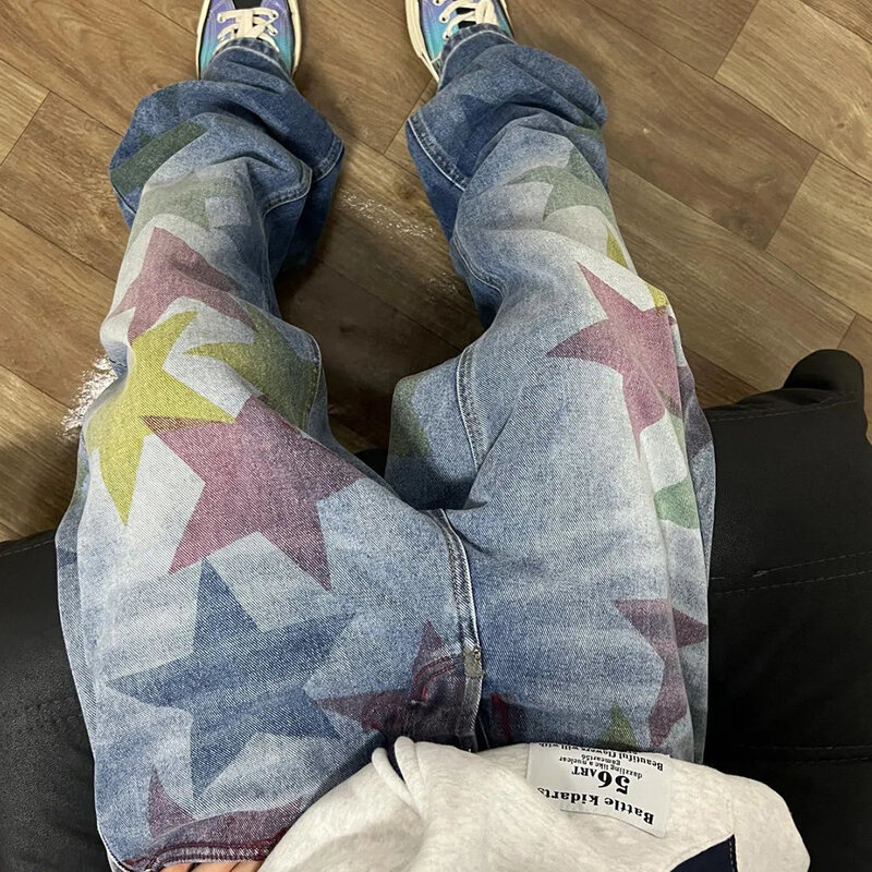 Jeans larghi da uomo pantaloni dritti in Denim con stampa a stella Ins Street Hip Hop pantaloni a gamba larga Casual Harajuku Streetwear Skateboard