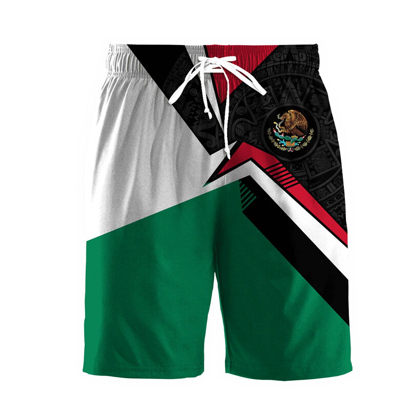 Pantalones cortos de playa azteca con estampado 3D de la bandera de México para hombre, Shorts de tabla de surf para deportes al aire libre, bañadores de baño informales de verano, pantalones cortos de calle