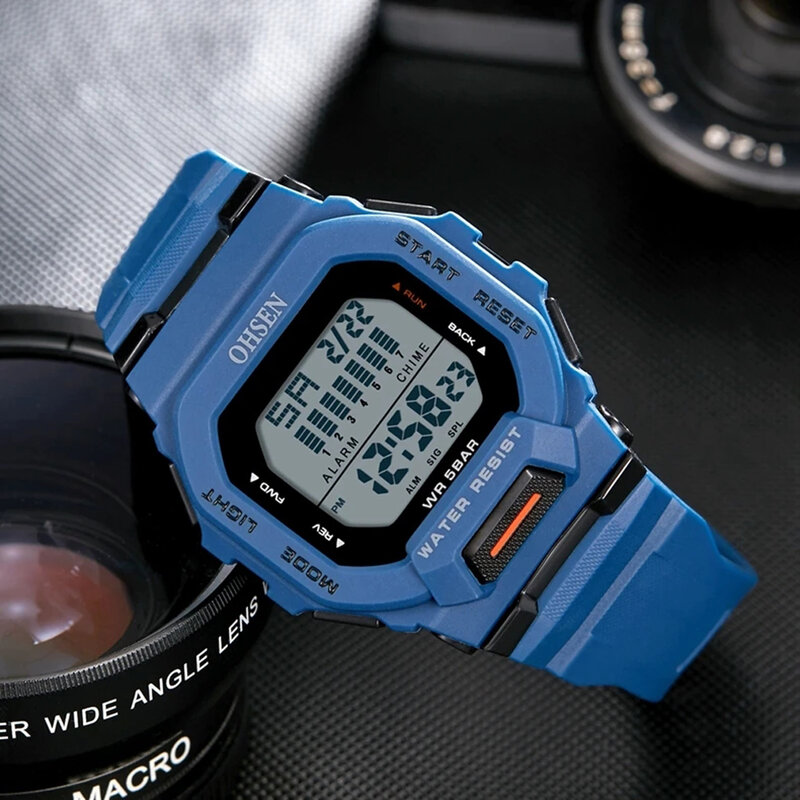 Ohsen-男性と女性のための防水デジタル時計、男性のスポーツ腕時計、手の時計、5atm、白