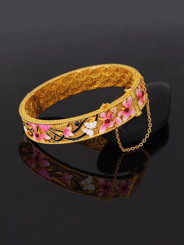 Popodion-pulsera chapada en oro de 24k para mujer, brazalete de flores coloridas, artículo de moda, YY10275