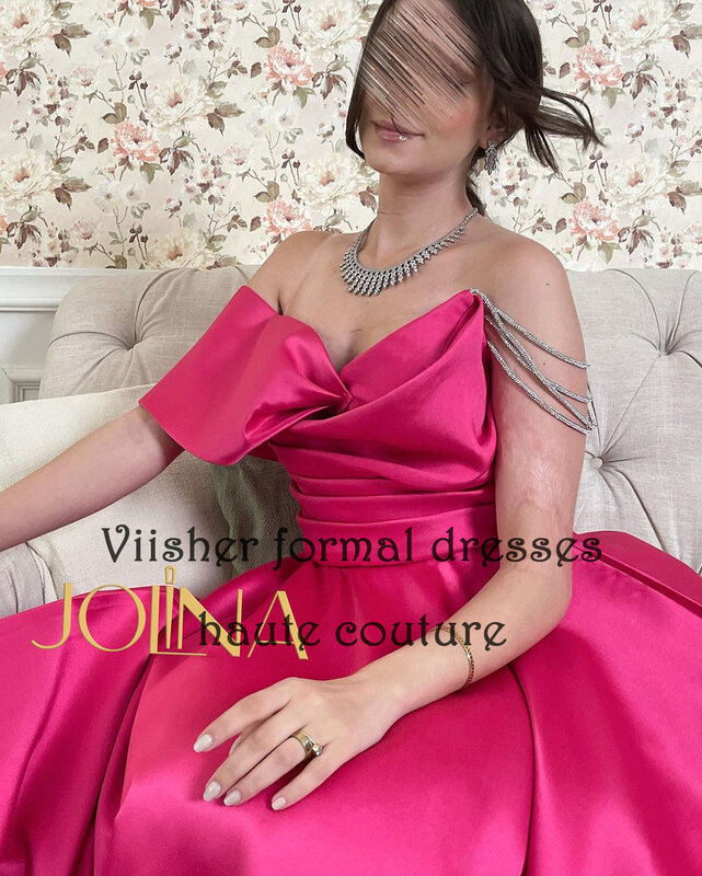Hot Pink Satin A Line Prom Dresses Off Shoulder Arabic Dubai Evening Party Dress Tea Length Womens Formal Evening Gowns