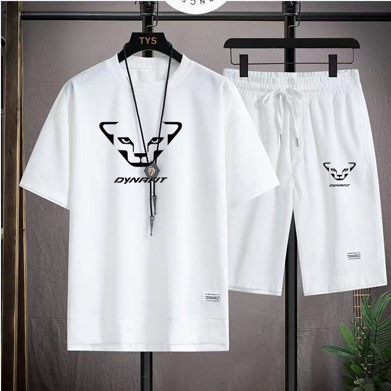 Camiseta waffle de manga curta masculina, terno esportivo de lazer para jovens estudantes, camiseta casual masculina, bonito verão, marca elegante