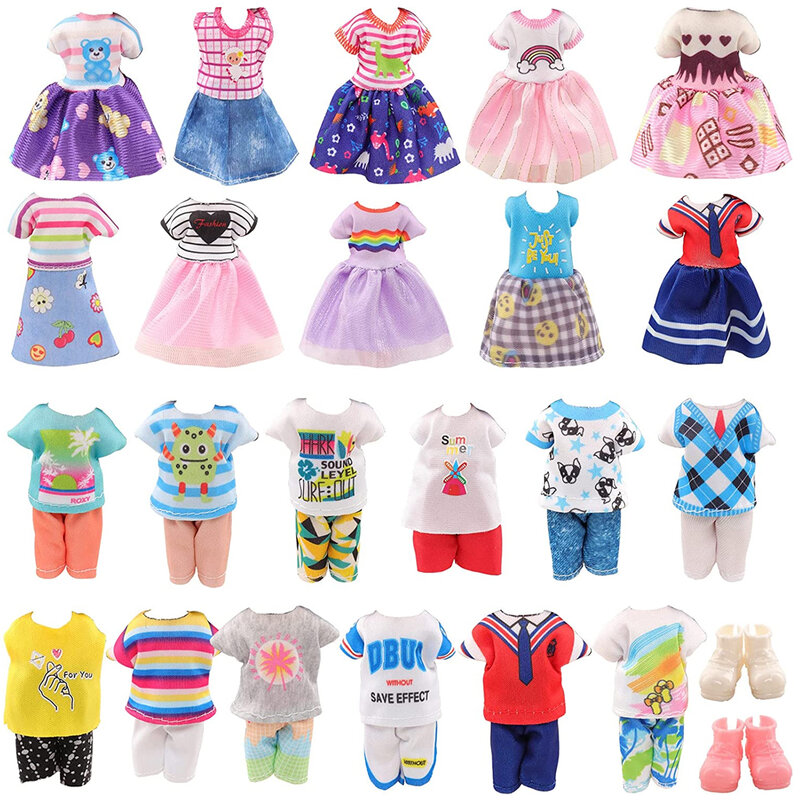36PCS 6Inch Kelly Doll Clothes Set Include 5PCS Girl Dress,5PCS Boy Tops Pants,2Pairs Shoes,2x Doll,20x Hangers,2x Swimming Ring