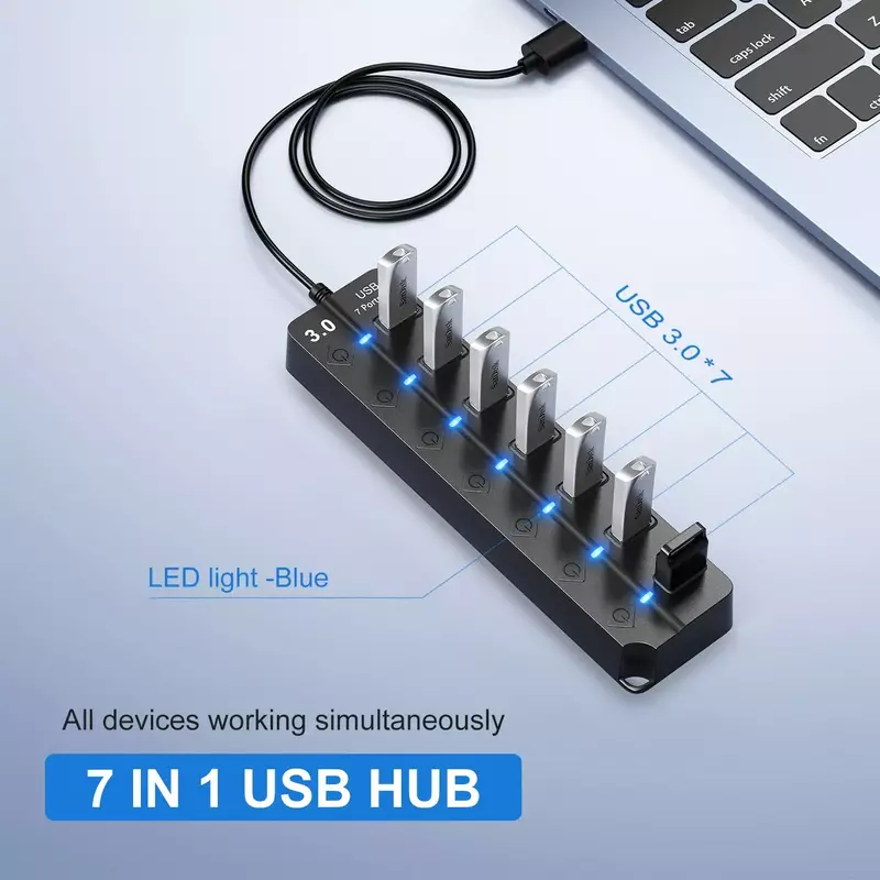 USB HUB 3.0แยก USB ความเร็วสูง7พอร์ต5Gbps อะแดปเตอร์ไฟฟ้าพร้อมสวิตช์สายเคเบิลยาวพร้อมตัวขยายหลายตัว