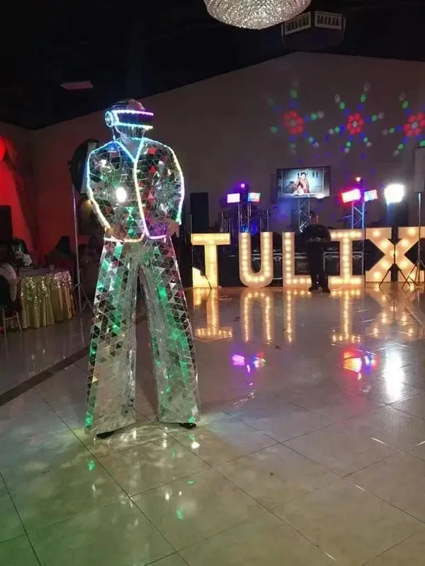 Mirror Man's LED Stilts Costume, Stage Show Dress, Óculos, Cosplay Roupas, Mão Costurado, Dourado, Performance Máscara, DJ