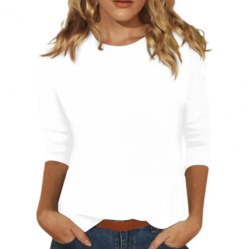 Женский топ, стильная женская Повседневная футболка, коллекция, облегающий пуловер с круглым вырезом, топы, однотонная туника с рукавом 3/4, топы, свободный крой