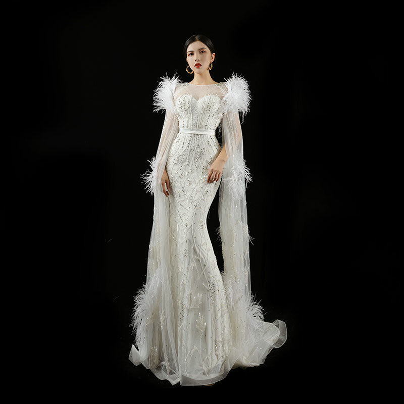 2024 nowe bankiety suknia wieczorowa na studniówkę wykonanie białe rękawy wodne dopasowane na zamówienie suknia syrenka długa spódnica H1380