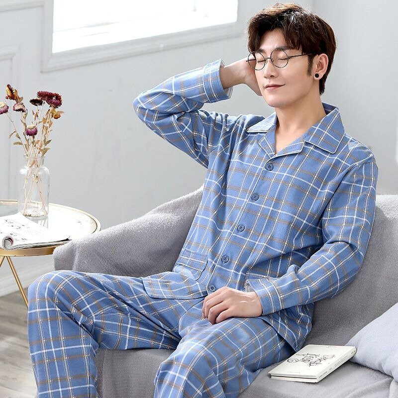 Pijama de algodão manga comprida masculino, pijamas lapela, roupa de meia idade, camisola impressa xadrez de cor sólida, primavera, outono, novo, 2022