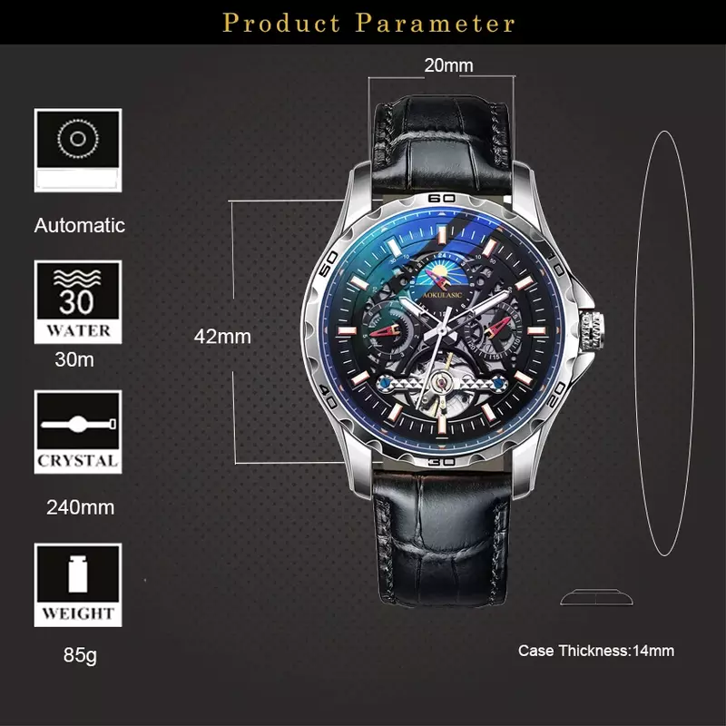 AOKULASIC New Male Tourbillon Mechanical Watches Automatic Wristwatch Mens Hollow Out Clock Luminous Moon Phase Waterproof Watch