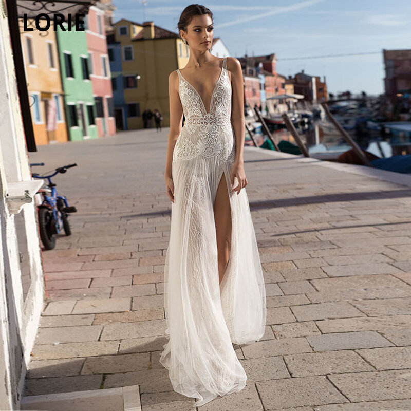 Bohemia Beach Wedding Dresses Lace  Sexy Spaghetti Strap V-neck Open Back Illusion Bridal Gowns Vintage Vestido De Novia
