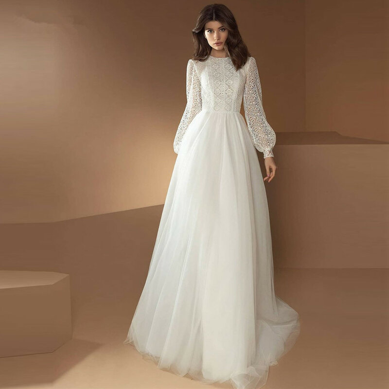 Vintage Boho Brautkleider lange Puff ärmel Spitze Tüll eine Linie elegantes Brautkleid 2023 Robe de Mariee bodenlangen Elfenbein weiß
