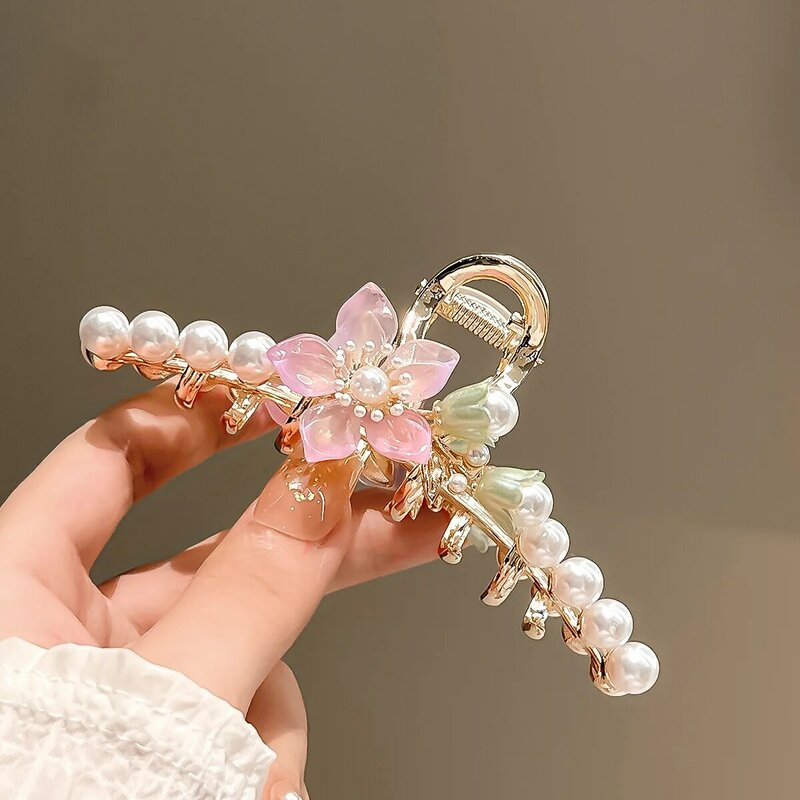 Garra de cabelo pérola flor rosa para mulheres e meninas, elegante grande de metal hairgrips, rabo de cavalo, moda coreana 2024