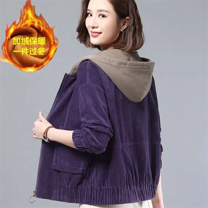 Aggiungi cappotto di velluto a coste imbottito in velluto madre moda versione coreana Cardigan con cappuccio sciolto giacca Versatile giacca donna autunno inverno