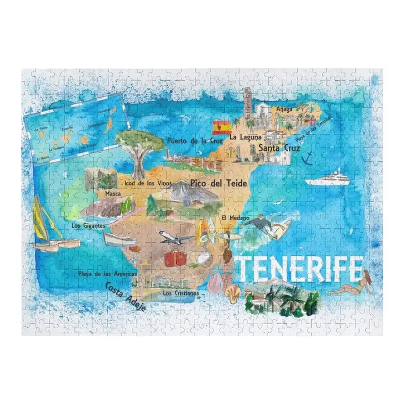 테네리페 카나리아 스페인 일러스트 지도, 랜드마크 및 하이라이트 포함, 맞춤형 사진 퍼즐