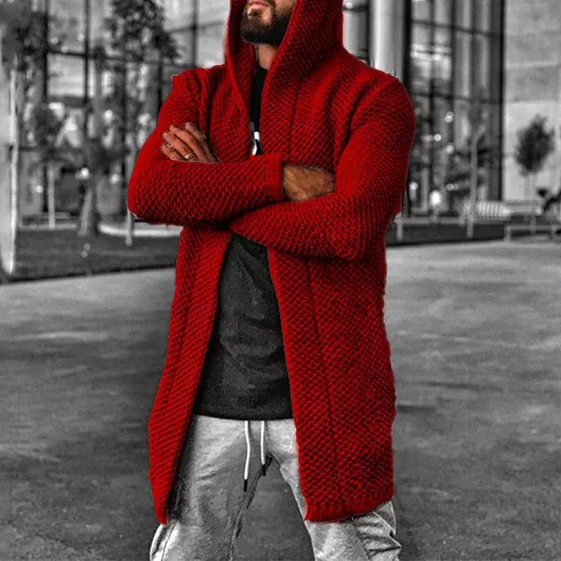 Осень-зима 2023, мужской кардиган в европейском и американском стиле, однотонный теплый свитер с капюшоном и высоким воротником, пальто