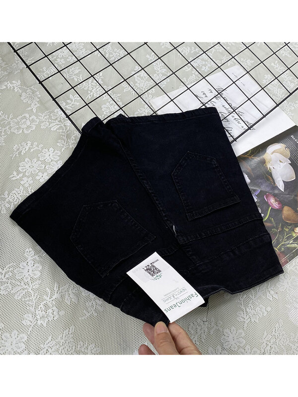 Celana pendek Denim wanita, celana pendek Gotik hitam pinggang tinggi Vintage Y2k celana pendek lebar Harajuku Korea kasual longgar