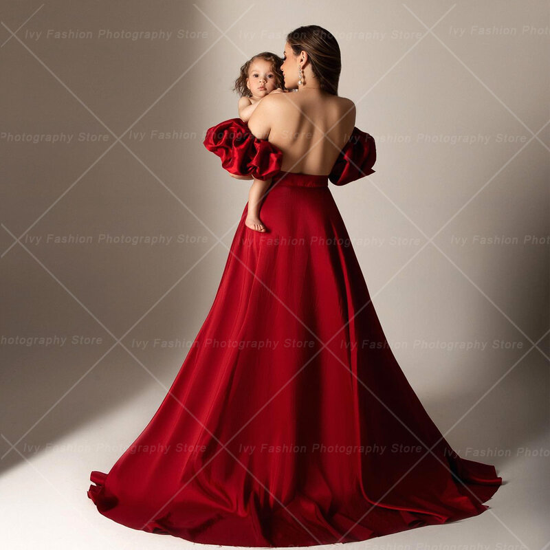 Zwangerschaps Fotoshoot Outfit Voor Vrouwen Sexy Rood Satijn Kanten Rok Bubbelmouwen Accessoires Fotostudio Rekwisieten