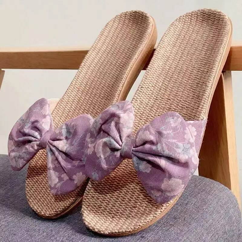 New Women's Summer One Word Linen Flat Sole Slippers Free Shipping Soft Sole Non Slip Breathable Floral Bow Home Slippers