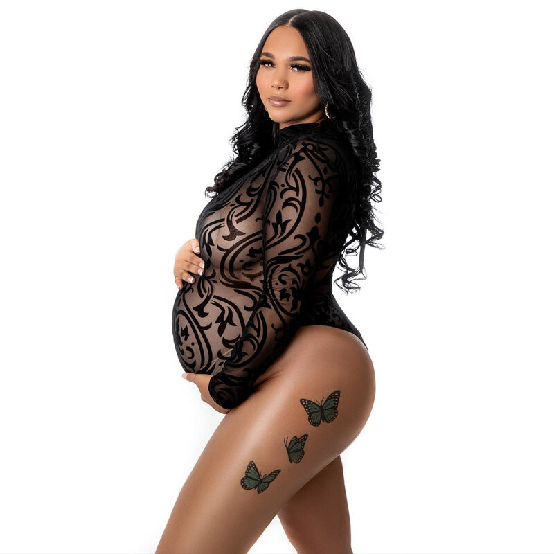 Embroidered Mesh Stretchy Bodysuits For Pregnancy Photoshoot Full Sleeve High Neck Maternity Bodysuits