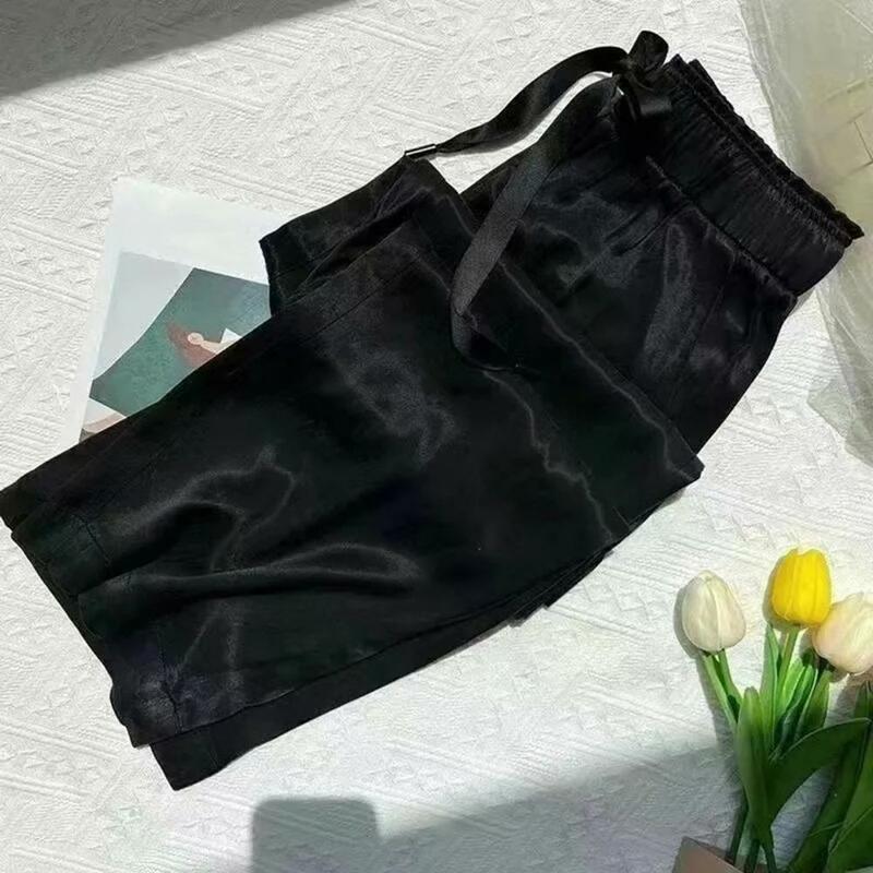 Solid Color Trousers Elastic Waist Drawstring Women's Casual Pants Solid Color Ice Silk Straight Wide Leg for Streetwear