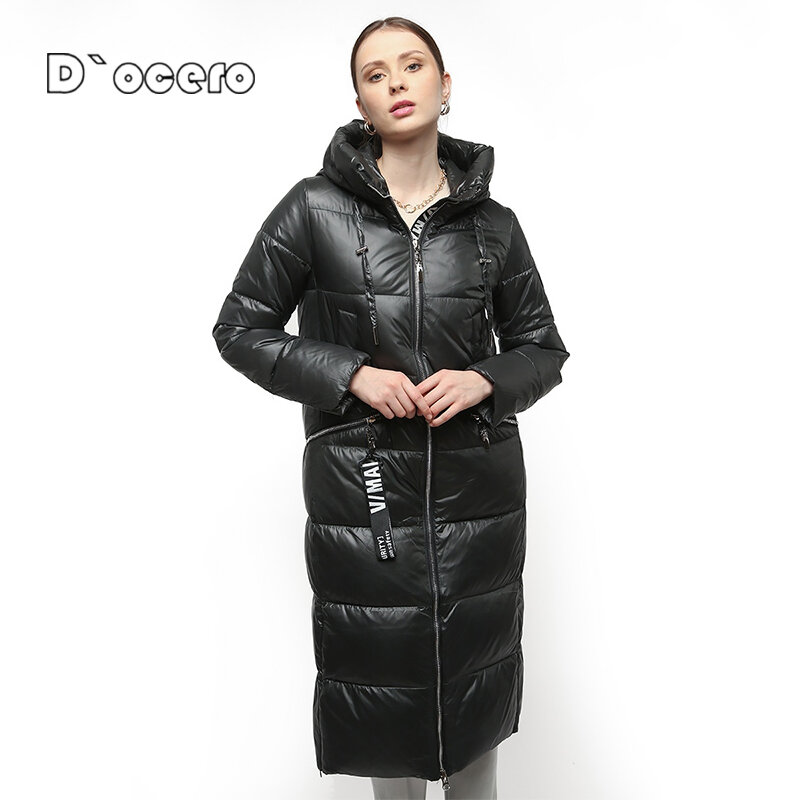 D`OCERO 2022 New Fashion Winter Coat Women Quilted X-Long High Quality Cotton Parkas Hooded Outerwear Warm Thick Woman Jacket