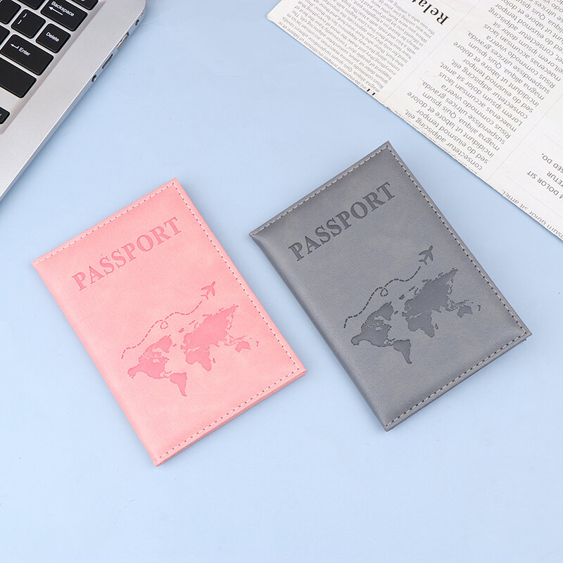Etui skórzany futerał na karty z PU Unisex nowe proste modne okładka na paszport na cały świat smukłe paszport podróże portfel z uchwytem prezent