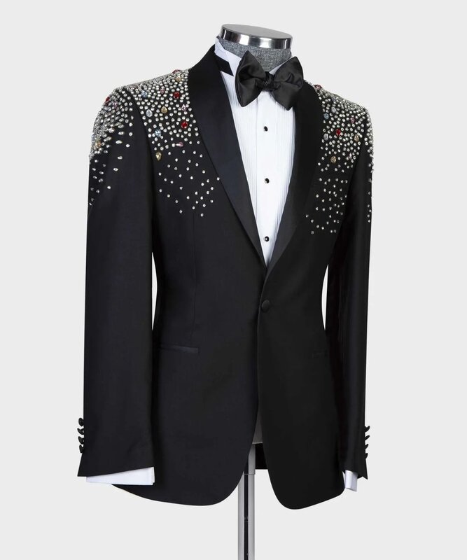 Wykwintne ślubne garnitury męskie szyte na miarę Tuxedo 2 szt. Z wielobarwnymi klejnotami marynarki spodnie marynarka Party piosenkarka pana młodego kostium