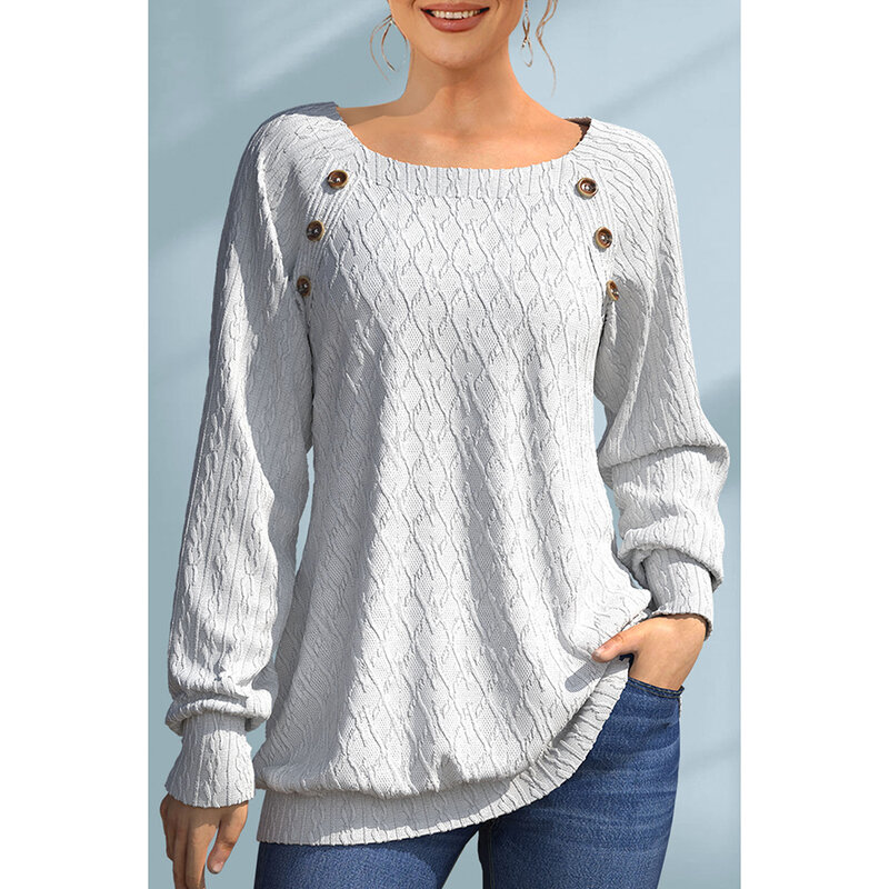 Suéter de punto con botones decorativos, suéter informal de talla grande, color blanco