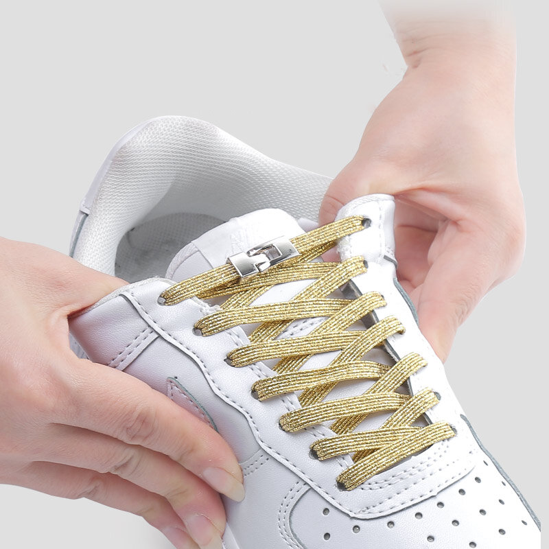 Crossล็อคโลหะยืดหยุ่นShoelacesแบนแฟชั่นที่มีสีสันNo Tie Shoelaceเด็กผู้ใหญ่บนเท้ารองเท้าผ้าใบLazy Laces 1คู่