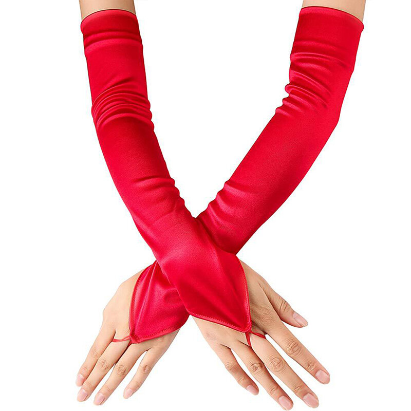 49cm Women Satin Hook Finger Long Fingerless Gloves Solid Retro Style Opera Evening Dress Accessories Etiquette High Elasticity