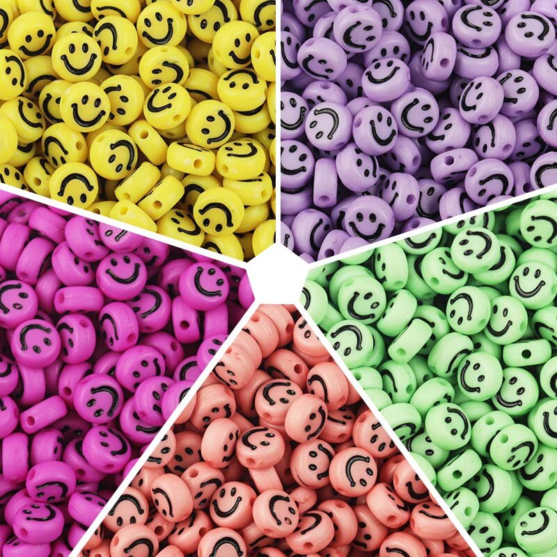 100 pezzi di perline acriliche multicolori per il viso sorridente del fumetto rotondo piatto di plastica degli accessori per la creazione di gioielli del braccialetto fai da te