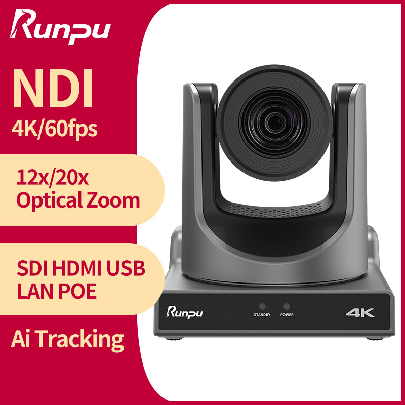 Câmera PTZ NDI com rastreamento AI, Câmera de videoconferência SDI HDMI USB, Transmissão ao vivo, Zoom POE 12X 20X, 4K, 60FPS, Zoom 20X