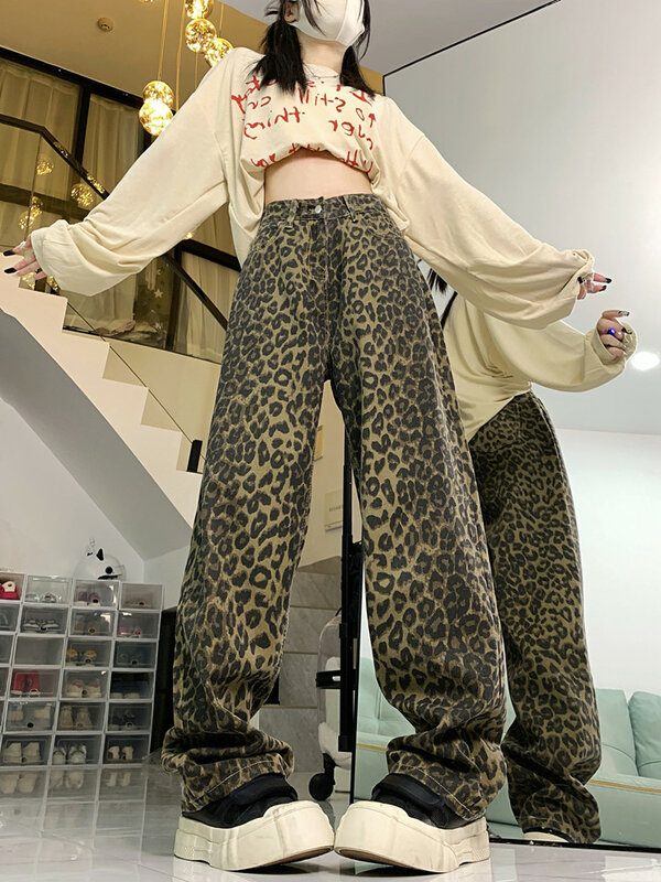 Pantalones vaqueros de leopardo para mujer, pantalón de pierna ancha de gran tamaño, ropa de calle de Hip Hop, Vintage, holgado, informal, verano, 2024