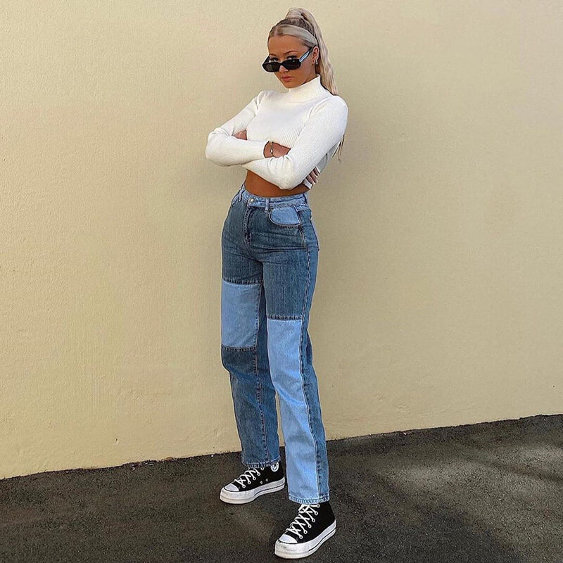 Calça jeans de costura contrastante de cor feminina, confortável e casual, combinando cores, hip-hop e rua, feminina, Personalidade, 2023, Novo