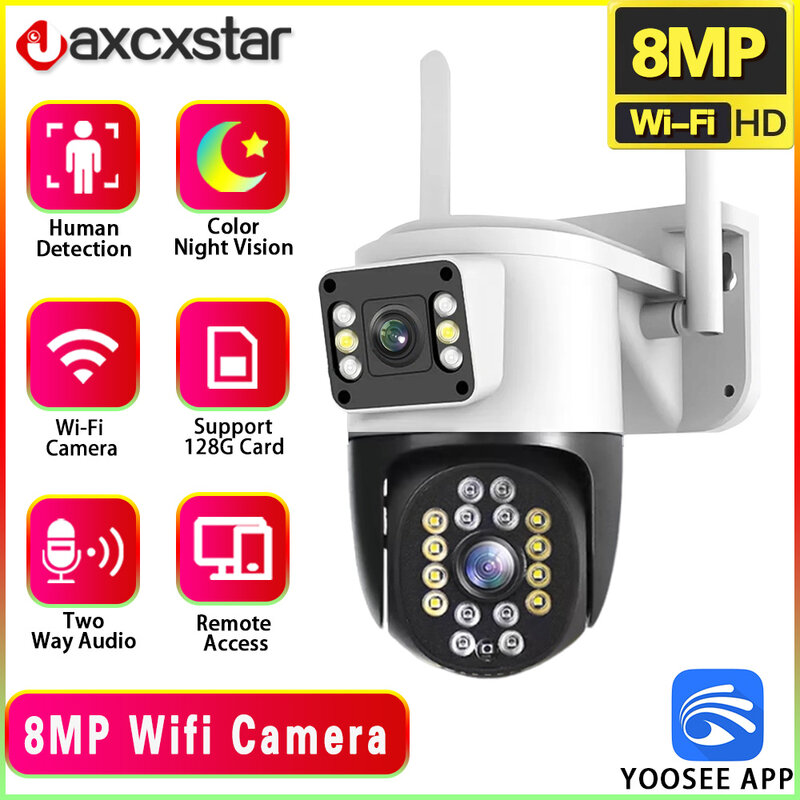 Kamera IP 4K 8MP HD YOOSEE, lensa ganda PTZ Wifi layar ganda pelacakan otomatis Audio dua arah Warna penglihatan malam kamera keamanan