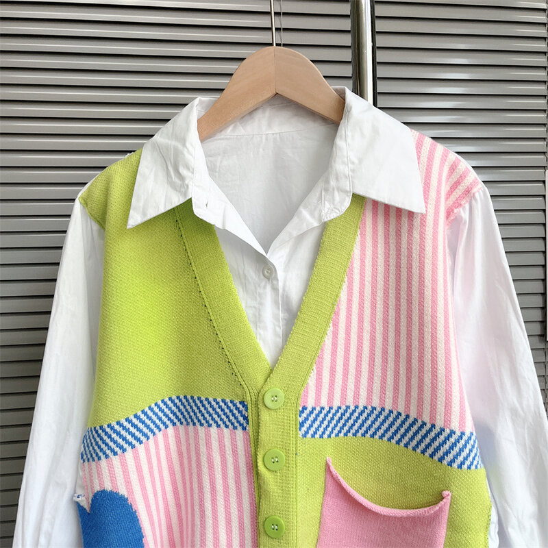 니트 셔츠 여성용, 가짜 투피스 셔츠 캔디 컬러 2022 가을 신제품