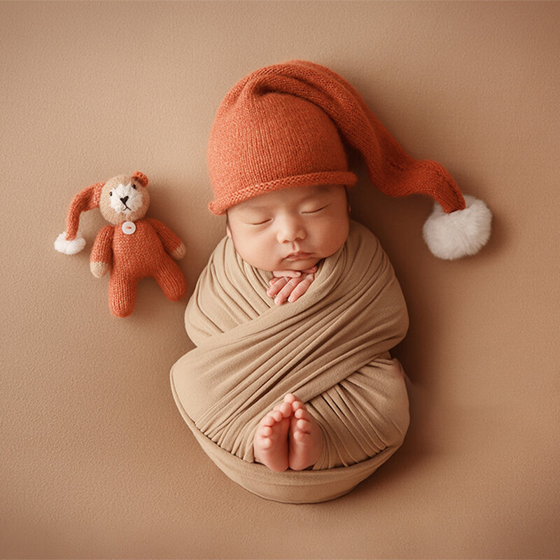 Fotografi untuk bayi yang baru lahir properti bayi lembut sangat elastis bungkus Goodnight topi beruang boneka domba telinga topi mainan bunga kepala alat peraga foto