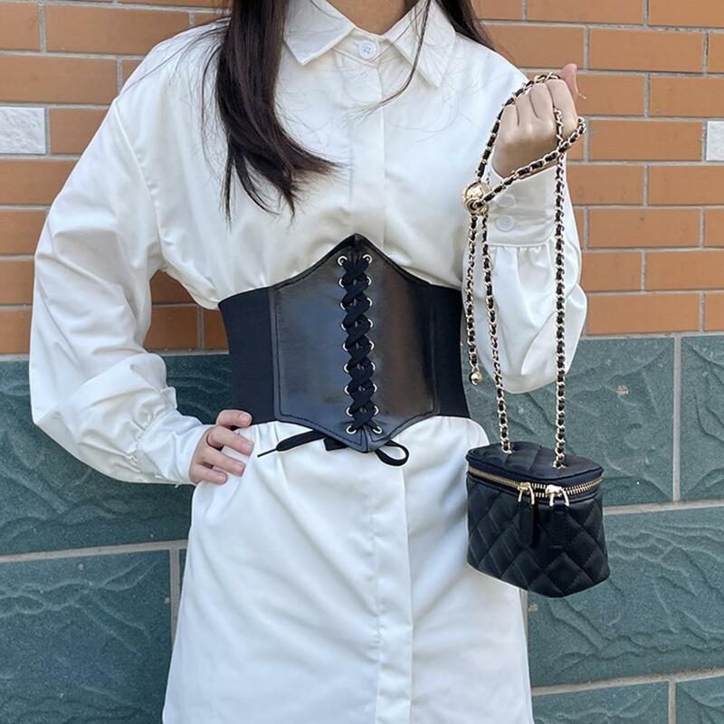 Cinturilla elástica para mujer, cinturón moldeador de cuerpo exquisito, camisa de cuero de imitación, corsé con cordones, cinturón ancho, accesorios de ropa