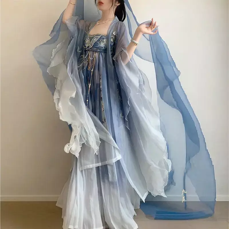 Gaun Hanfu Cina kostum Cosplay karnaval Halloween wanita kostum Dinasti Tang bordir gradien biru Hanfu kostum ukuran besar XL