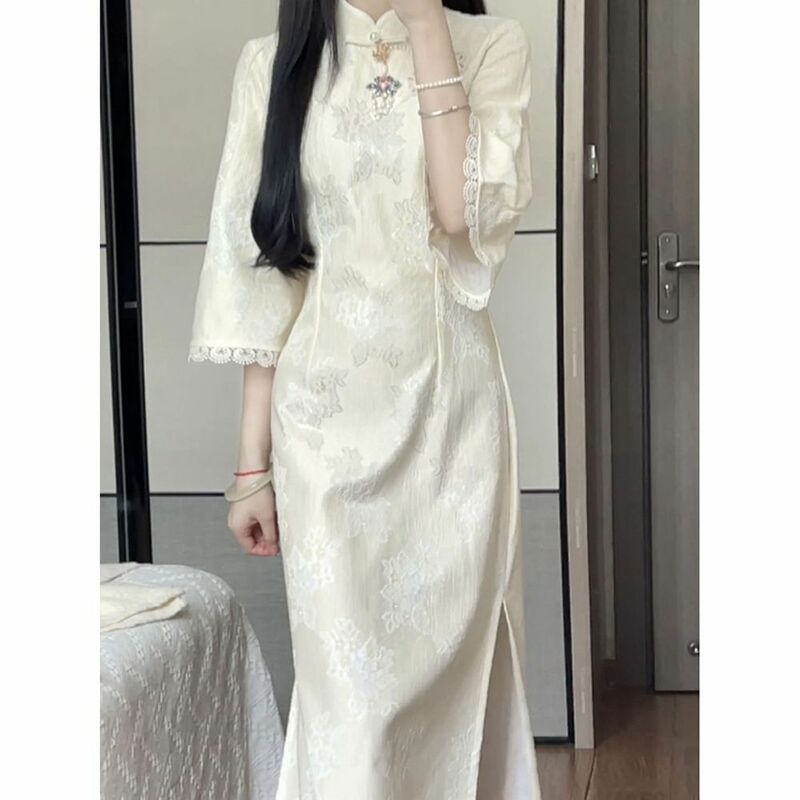 Longe Qipao mejorado para mujer, Vestidos de estilo chino, manga acampanada, disfraces elegantes, novedad de verano