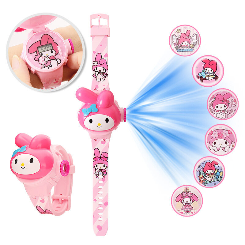 3d Patroon Projectie Hello Kitty Meisjes Horloges Kinderen Nieuwe Cartoon Kuromi Led Horloge Kids Speelgoed Polsband Klok Cadeau
