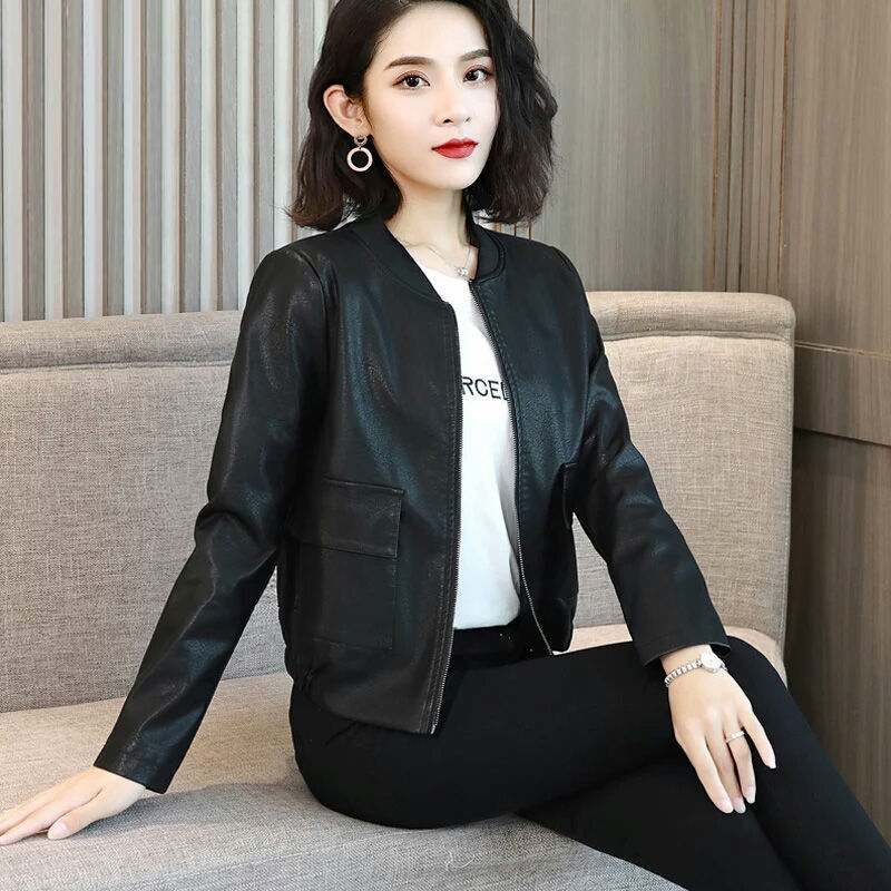 Add Cotton/No Cotton Short Black Leather Jacket Women Autumn Winter Korean Loose Baseball Uniform Casual Faux Leather Jacket 4XL