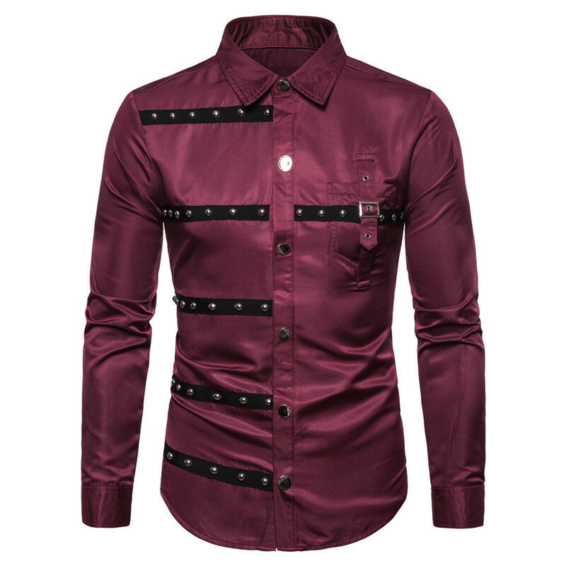 Nowa koszula męska klasyczny nit w paski klapa z długim rękawem wąskie koszule Streetwear Man gotycki wieczorowy ubranie koszule Ropa Gotica Hombre