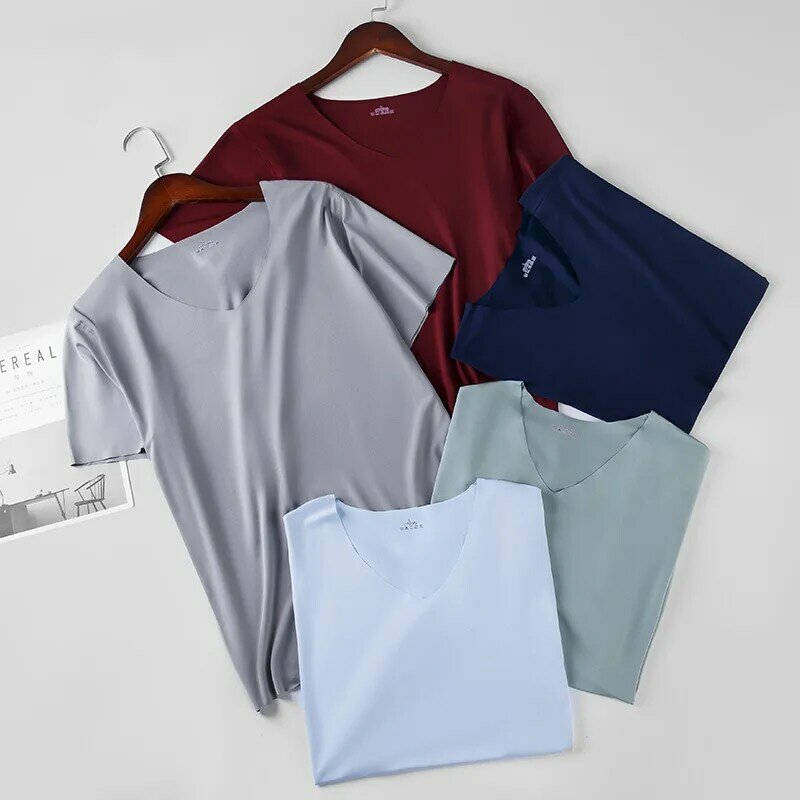 Camisetas de seda de hielo para hombre, camisa informal sin costuras con cuello en V, manga corta, ropa de calle